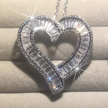 Luxury 925 Silver Heart Pendant Chain Necklace Women Sparkling Princess-cut Topaz Simulated Diamond Necklace wedding Jewelry