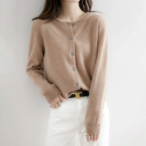 Women's Sweater 2025 Cashmere Cardigans V-neck Single Breasted Short Slim Lady Brown Knitwear Tops Solid Korean Femme Cardigan