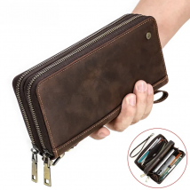 Contact'S Genuine Leather Men's Wallet Clutch Bag Card Holder Long Wallets Double Zipper Large Capacity Vintage Male Purses