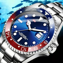 Business Stainless Steel Watch 40mm Classic Red Blue Circle Diving Series Magnifying Glass Calendar Quartz Watches montre homme