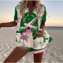 Fashion Print Beach Holiday 2-Piece Set Women Summer Short Sleeve Shirt Top + Wide Legs Short Women's Oversized Two-Piece Outfit
