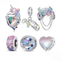 WOSTU Fantasy Series 925 Sterling Silver Rainbow Shoe Pendant Unicorn Charm Mystic Heart Bead Fit Bracelet Necklace DIY Gift