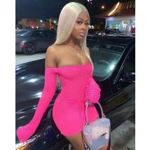 BKLD  Women Off Shoulder Dress Mesh Bodycon Mini Dress Sexy Club Wear 2025 Spring New Arrival Solid Long Sleeve Strapless Dress