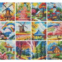 Momoart 12pc Diamond Painting Landscape Windmill House DIY Full Round Diamond Mosaic Mountain Lighthouse Handmade Hobby