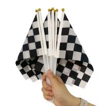 10PCS Checkered F1 Flag Auto Racing Car Sport Small 14x21cm Polyester Chequered Printed Mini Handheld Stick Flags And Flagpoles