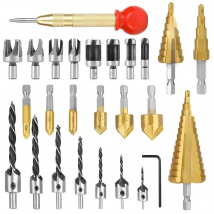 26Pcs Woodworking Step Drill Bit Three-point Countersunk Wood Plug Chamfering Drill Center Punch Positioner Set Hole Opener Tool