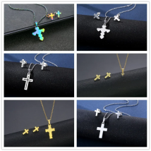 Stainless Steel Religious Jewelry Sets Jesus Cross Choker Necklaces &  Earings Set Gold Color Multicolor Plated  Pendant Studs