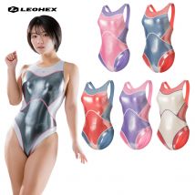 LEOHEX Lycra Competition Swimsuit One Piece Bodysuit Japanese Style Color Block Design Shiny Glossy for Swimming and Fitness
