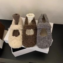 Women's Shearling Ballet Flats with Strap Warm Rabbit Fur Plush Lined Crystal Buckle Mary Jane Flat Shoes