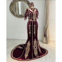 Customized Burgundy Velvet Caftanmarocain Mermaid EveningDresses Two Pieces Applique Crystal Tassel Henna Kaftan Prom Gown