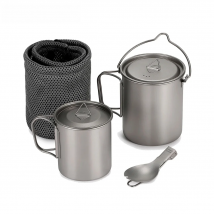 Tomshoo 3 PCS Titanium Cookware Set Ultralight 750ml Pot 450ml Water Cup Mug w Lid Folding Spork for Outdoor Camping Backpacking