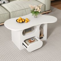Comanlai 97 x 45 x 43,5 cm Wolkenförmiger Couchtisch, moderner Sofatisch, Beistelltisch, mit Schubladen, offene Aufbewahrungsfächer, weiß