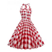 Tonval Gingham 50s Style Red Plaid Rockabilly Vintage Dresses for Women Button Front Halter Party Elegant Backless Dress