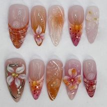 24pcs French Style False Nails Blush Pink Almond Press On Nails Carving Flower Gold Diamond Design Fake Nail Ballerina Manicure