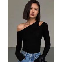 Fashion Skew Collar Off-shoulder Long-sleeved T-shirts Women Spring New Solid Slim Fit Crop Top Sexy Hollow Out Tees Shirts