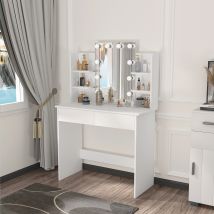Comò Toeletta con Specchio LED 2 Cassetti 4 Ripiani portaoggetti 90x40x125 cm Tavolo da trucco per ragazze e donne Tavolo da trucco per camera da letto