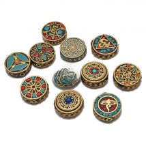 TZ-H Handmade Nepalese Buddhist Tibetan Brass Metal & Clay Loose Craft Beads for Necklace Jewelry Making DIY Flat Round