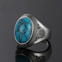 Luxury Vintage S925 Silver Ring 10x14MM Big Oval Natural Turquoise Rings for Women Men Fine Jewelry Party Gift