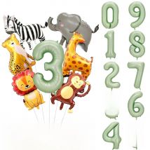 Jungle Safari Birthday Decors Foil Animal Balloon Sage Green Foil Birthday Number 0-9 Balloons Kids Safari Party Supplies Favors