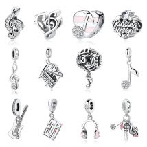 Original 925 Sterling Silver Charms Music Notes Piano Headphone Pendant Beads Fit Pan Bracelets Necklaces Jewelry For Women