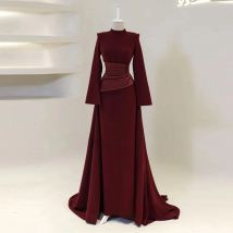 Xijun Modest Crepe Long Evening Dresses Muslim High Collar Pleats Prom Dresses Full Sleeves Dubai Formal Prom Gowns Customized