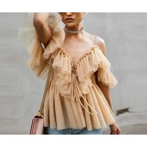 Sexy V Neck Off Shoulder Blouse Women Pleated Vintage Ruffle Mesh Blouse Shirt Casual Summer Sleeveless Top