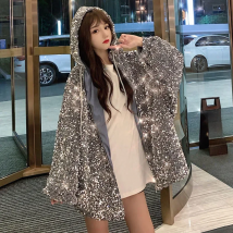 Outerwear Sequins Fashion Hooded Women Cotton Jacket 2025 Winter New Large Size Thick Loose Korean Women's Cotton Jacket JK244