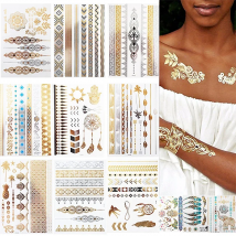 12 Sheets Metallic Temporary Tattoos Gold Boho Waterproof Flash Fake Tattoo Sticker Designs for Women Girls