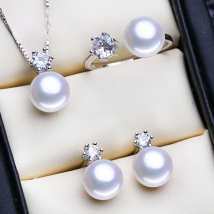 FENASY 925 Sterling Silver Jewelry Sets Natural Pearl Necklaces For Women Stud Earrings Classic Crown Pendant Ring 8-9mm