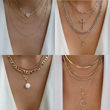 Classic Gold Color Multilayered Necklace for Women Vintage Silver Color Geometric Pendant Necklaces Butterfly Choker Jewelry