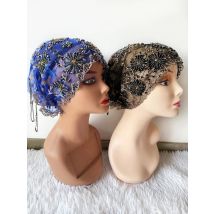 High Quality Lace handcrafted Beaded Turban Hat Female Head Wraps Caps Muslim Women Headscarf Bonnet Ready to Wear Inner Hijabs