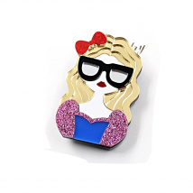 BR111 Girl Brooch Safe Pin  Blond Curly Hair Cute Glitter Acrylic Brooch