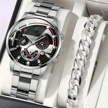 2pcs Stylish Round Face Quartz Watch Set for Men Accurate Date DisplayStainless Steel StrapZinc Alloy CaseCasual Elegant Design