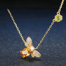 LAMOON Bee 925 Sterling Silver Necklace Natural Citrine Gemstone Necklaces 14K Real Gold Plated Chain Pendant Jewelry LMNI015