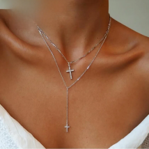 Fashion Gold Color Crystal Cross Necklaces Pendants Boho Double Layered Necklace Catholic Religious Christian Statement Jewelry