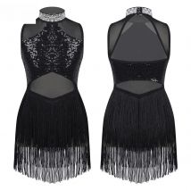 Girls Sparkly Rhinestone Jazz Dance Dresses Sequins Patchwork Mesh Tassel Hem Dance Leotards Kids Performance Fashion Costume