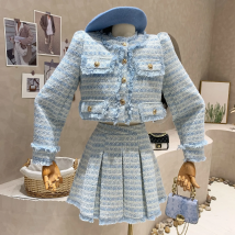 High Quality Korean Style Tweed Suit Women Fall Tassel Jacket Short Coat + High Waist Mini Pleated Skirt Two Piece Set Female