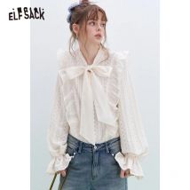 ELFSACK 2025, weiße Spitzenbluse für Damen, Fliege, V-Ausschnitt, ausgestellte Ärmel, koreanisches, süßes, romantisches Büro-elegantes Oberteil
