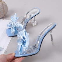 2025 New Fashion Crystal Bow High Heels Slippers Shoes Woman Sexy PVC Transparent Sandals Women Slides Open Toe Pumps Blue Black