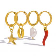 1set 4 pcs Trendy Stainless Steel Starfish Drop Earrings for Women Enamel Red Chili Pepper Natural Pearl Charm  Jewelry