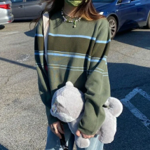 Dourbesty Harajuku Striped Sweater Women Long Sleeve Round Neck Pullovers Knitting Street Tops Korean Fashion Oversized Sweater