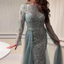 Luxury Mermaid Elegant Long Sleeves Beaded Arabic Evening Dresses O-Neck Tulle Overskirt Gowns For Women 2025 Wedding Party