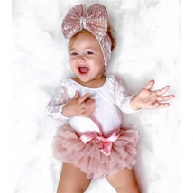 Baby Girls My First Birthday Outfits, Cute Long Sleeve Floral Lace Romper + Tutu Skirt + Headband Set, 0-30Months
