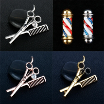 Badge Brooch Pins 3D Barber Shop Pole Shape Brooches 3Colors Crystal Razor Scissors Enamel Pin Cute Hairdresser Deco Accessories