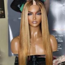 Straight Wavy Highlights Honey Blonde 1X4 V Part Wigs Unprocessed 100% Human Hair Glueless Full Machine Made Wig