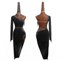 New Latin Competition Performance  Adult Custom Black Shoulder Sexy Dance Dress