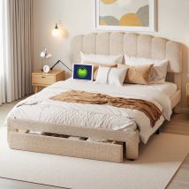 Letto imbottito 140x200 cm letto matrimoniale con grandi cassetti e testiera, letto giovanile con stazioni di ricarica USB, tessuto Teddy, beige