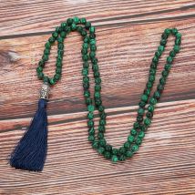 6/8mm Malachite Beaded Knotted Necklace Meditation Yoga Blessing Tibetan Buddha Head Jewelry 108 Japa Mala Rosary Tassel Pendant