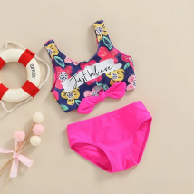 Yiiciovy Litter Girl's 2pcs Swimwear Suit Babies Kid's Bikini Set Letter Floral Print Front Twist Knot Vest Tops with Underpants