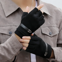 Man Autumn Winter  Plus Velvet Keep Warm Outdoor Sports Half-Finger Gloves Fashion Solid Elasticity Drive Cycling